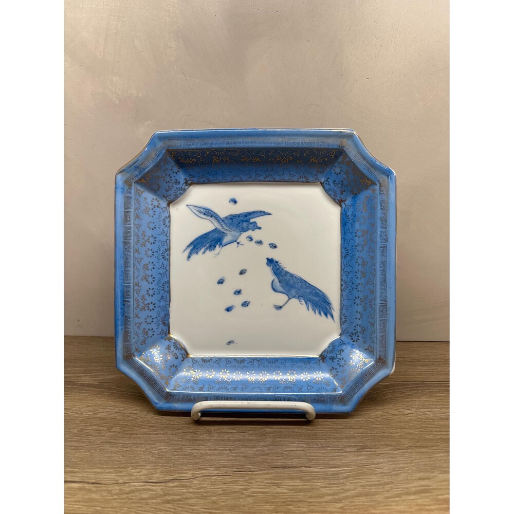 Vintage Andrea by Sadek Blue Bird Chinoiserie Porcelain Square Plate 8.5 Inch